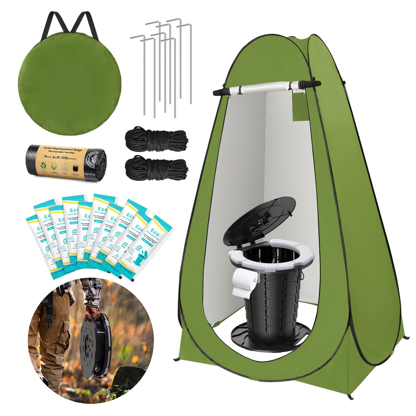 BLIKA Portable Toilet Kit for Camping, Camp Toilet with Pop-Up Privacy Tent, Toilet Bags and Eco Absorbent Gel, Foldable Portable Toilet for Adults, Portable Outdoor Shower Tent Camp Toilet