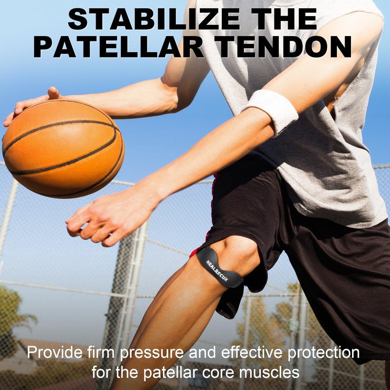 Healrecux Silicone Patellar Tendon Support Strap, Adjustable Non-Slip Patella Band Stabilizer Knee Brace for Jumpers Knee, Tendonitis, Basketball, Volleyball, Squats, Black