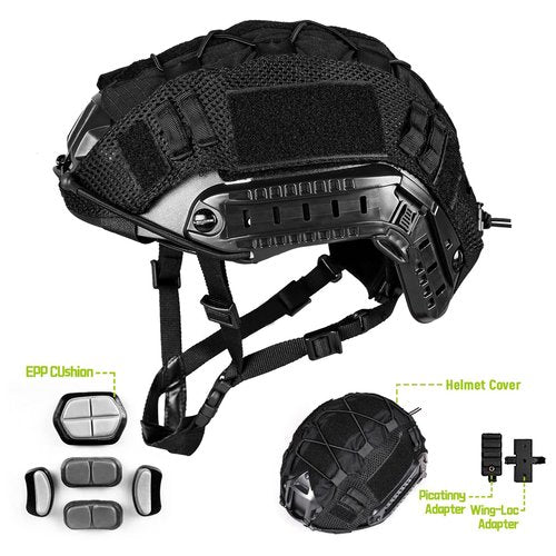Adjustable Tactical Helmet with Helmet Cover, PJ Type Tactical Multifunctional Protective NVG Mount for Cosplay Hunting Shooting (Black)