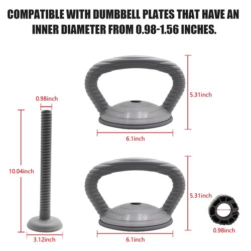PHOEROS Adjustable Kettlebell Handles max load 44lbs compatiable with PHOEROS 44/66/88 LBS weights set, DUMBBELL PLATES THAT HAVE AN INNER DIAMETER FROM 0.98-1.56 INCHES. Max load 44lbs .(not includes Plates )