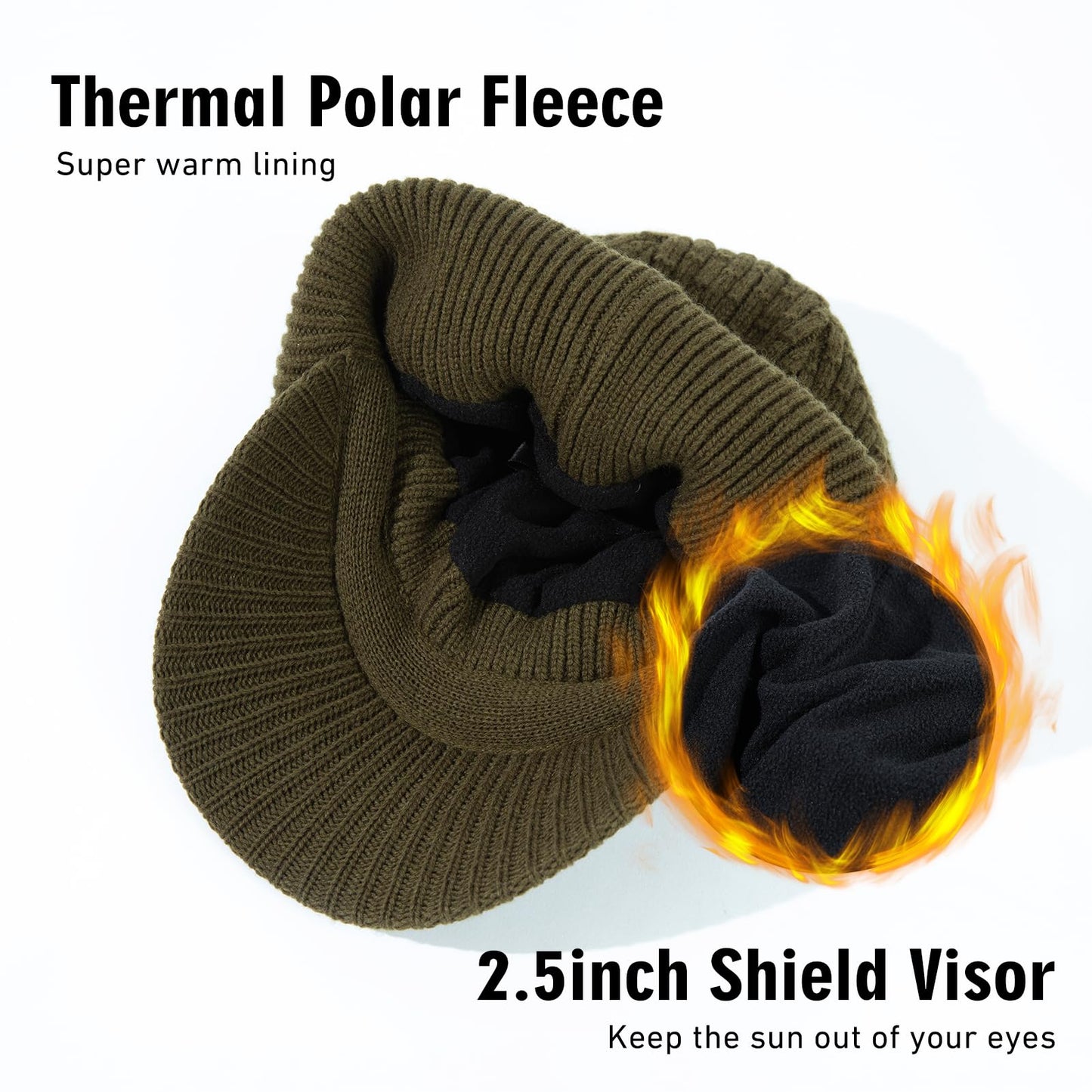 TOP-EX PolarWool™ 100% Merino Wool Winter Hat for Men Oversize Visor Beanie with Brim Fleece Lined Knit Cap for Cold Weather Hiking Skiing Big Head Green XL/XXL