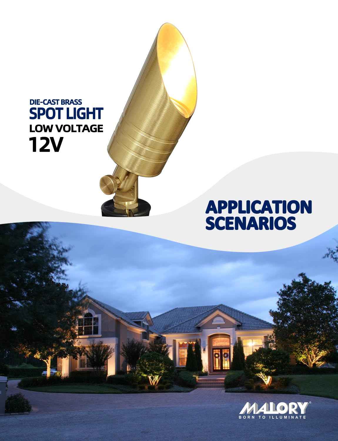 MALORY Brass Landscape Spotlight,12V AC/DC Low Voltage LED Landscape Lighting,Waterproof Spot Up Light for Garden,Patio and Yard (4-Pack with Bulb)