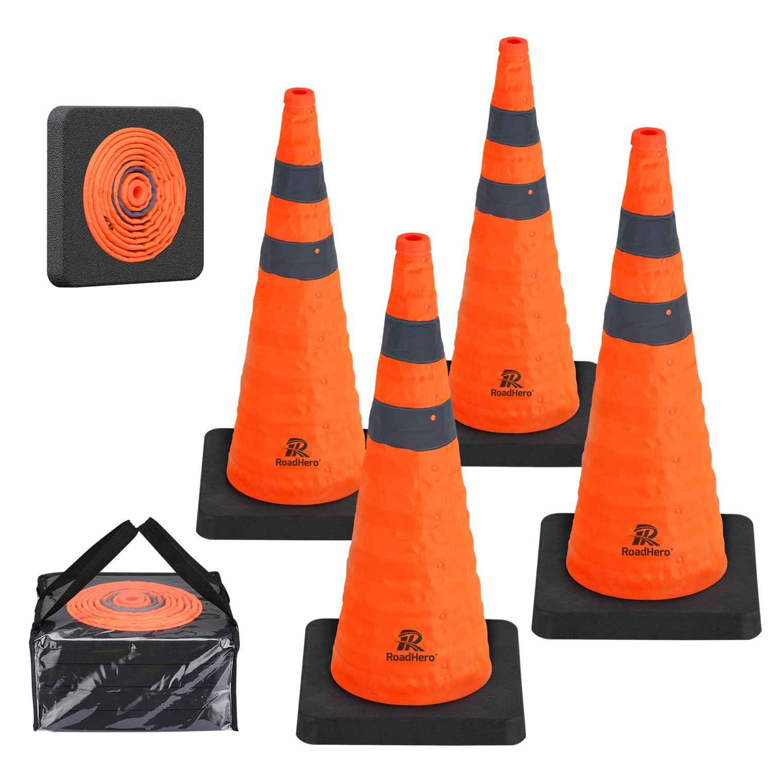 28 Inch Collapsible Traffic Safety Cones - Weighted Base & Reflective Collars, 4 Pack