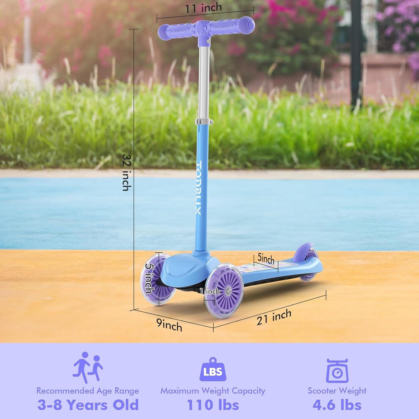 TONBUX Kids Scooter - Adjustable 4-Level Height, Light-Up Wheels | 3-Wheel Design for Ages 3-8