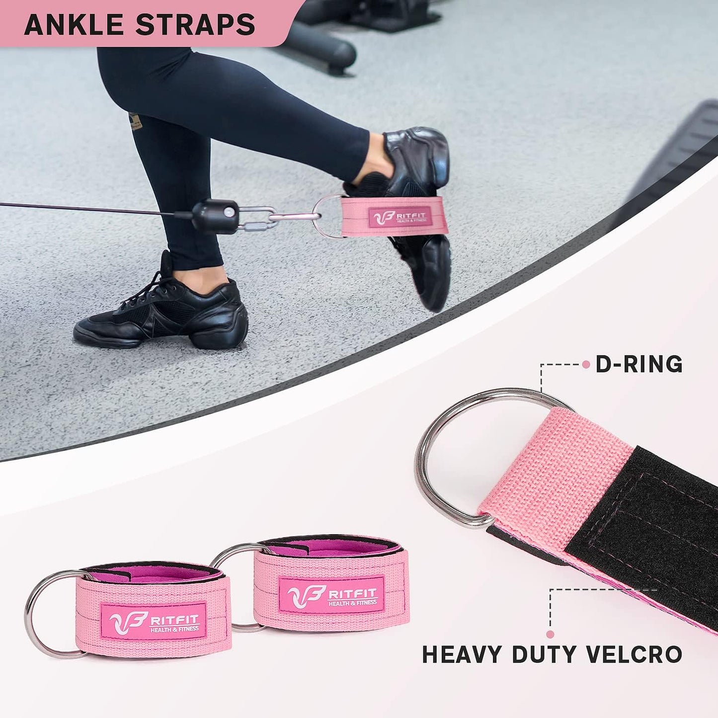 RitFit Barbell Squat Pad Set - 7 Pcs with Resistance Band & Safety Straps | Upgraded Neck & Shoulder Support (Pink/Black)