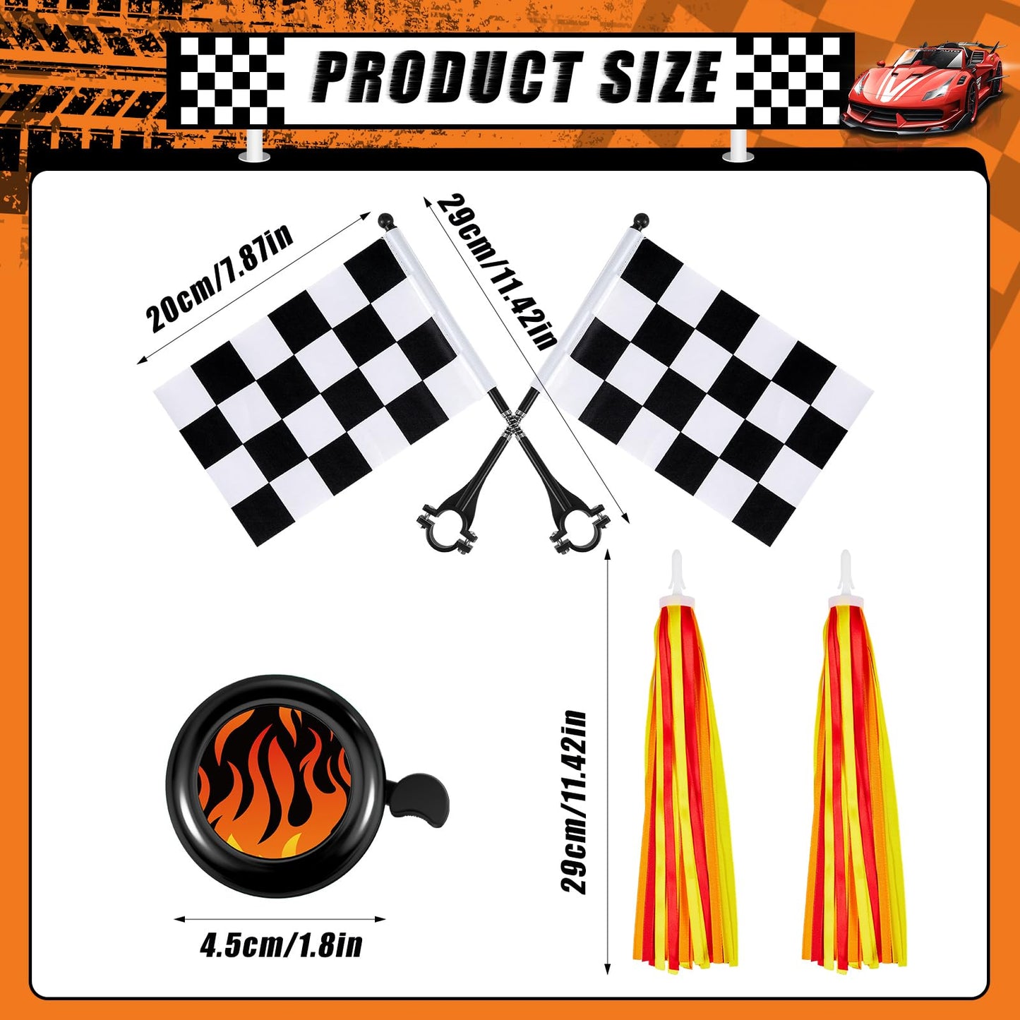 Liliful 5 Pcs Kids Bike Accessories Sets Include 2 Pcs Flame Bike Tassel Streamers Bell 2 Black and White Checkered Flags Pinwheel Toddler Kids Boys Girls Gift Decoration Kit