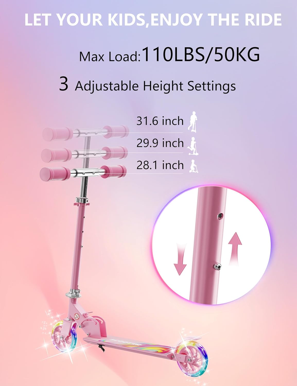 Skiennix Kids Kick Scooter - Adjustable 3-Level Height, Lightweight & Foldable - Pink LED Lights