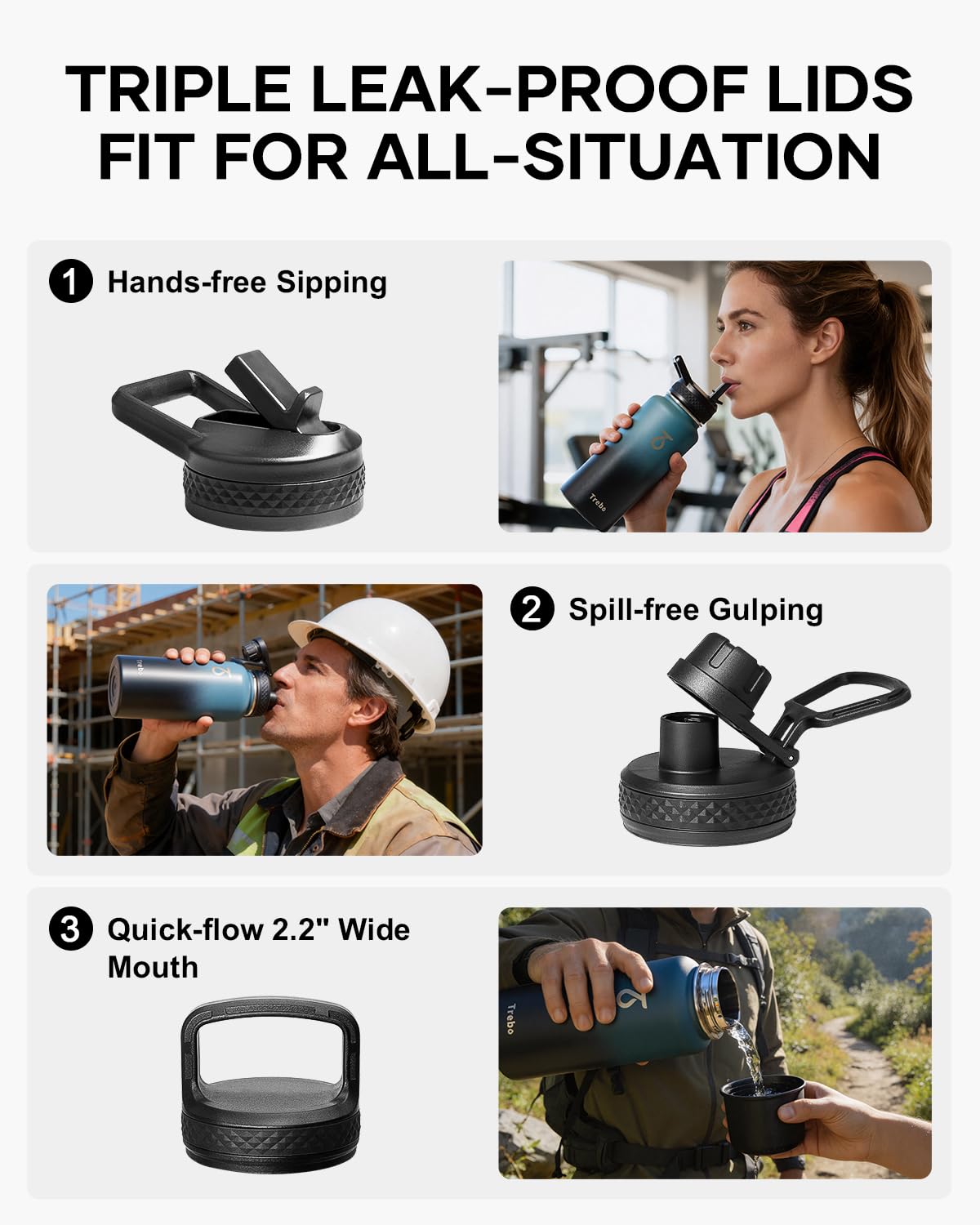 Trebo 32oz Water Bottle Insulated with Lid and Straw,Triple Wall Vacuum Stainless Steel Metal Tumbler Sports Flask with Paracord Handle, Keep Cold 48 Hours Water Cup with 3 Lids, Indigo/Black