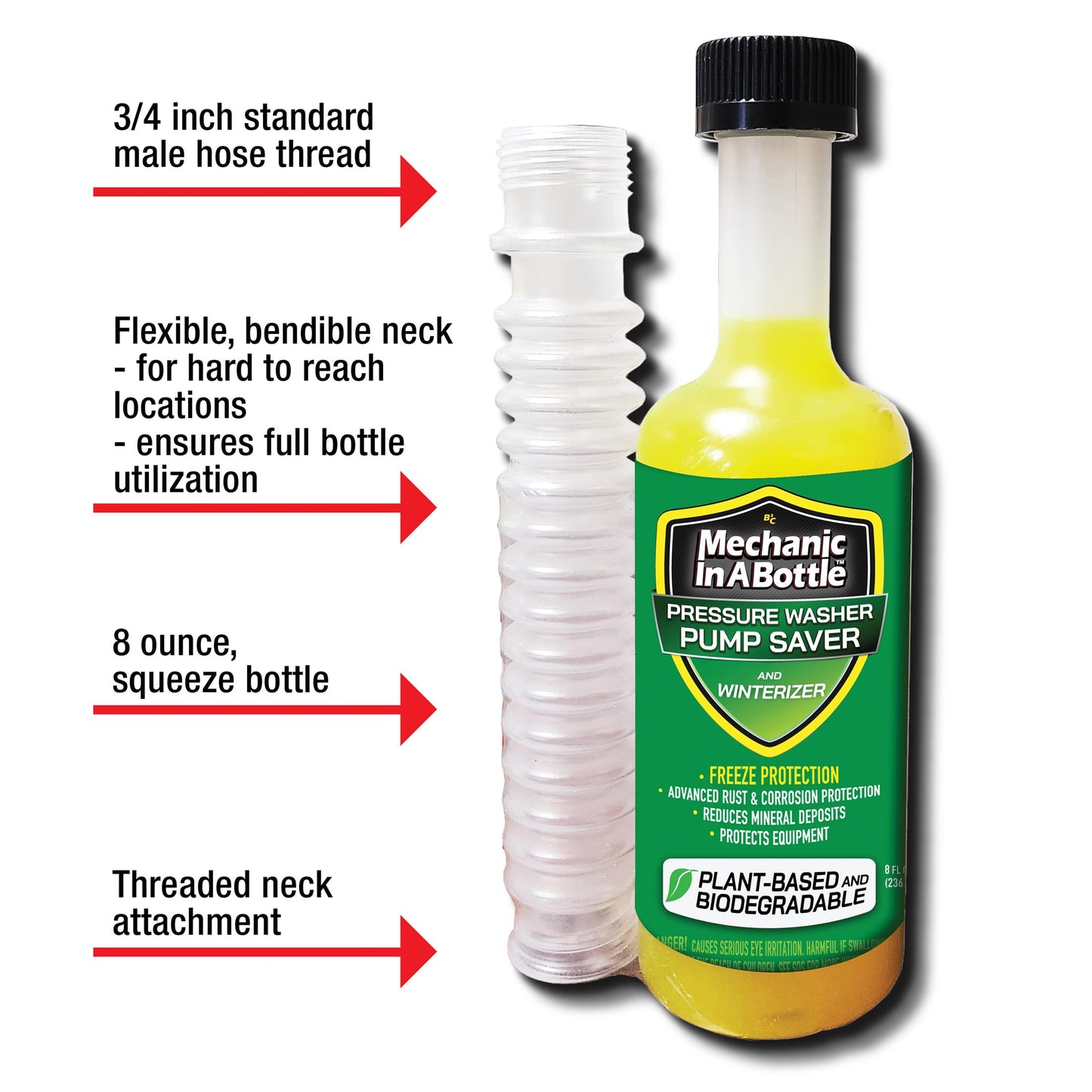 Mechanic in a Bottle Pressure Washer Pump Saver and Winterizer. Advanced Rust & Corrosion Protection, Reduces Mineral Deposits, Protects Equipment. 8 oz with Flexible Pour Hose - 2 Pack.