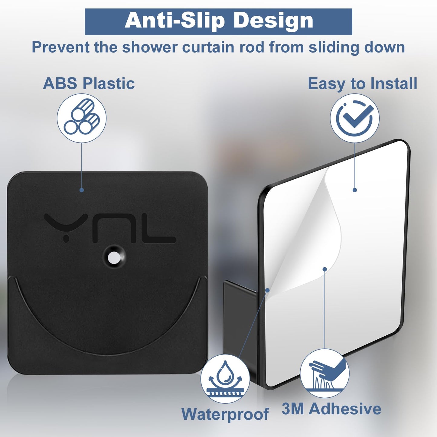 2 Pack Adhesive Shower Rod Holders, Black Transparent Rod Retainer | Never Fall Down Shower Tension Rod Holders for Wall(Rod Not Included)