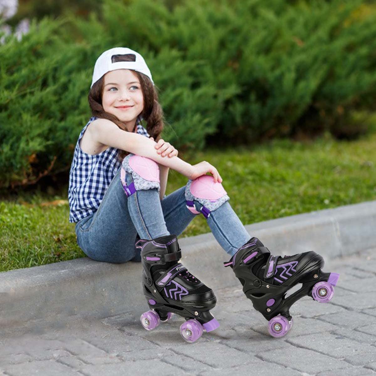 Kids Roller Skates for Girls Ages 6-12, Black&Purple 4 Sizes Adjustable Boys Roller Skates with Light up Wheels Size M