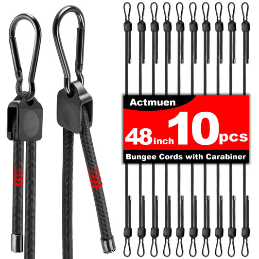 10PCS Adjustable Bungee Cords with Hooks,10-48 Inch Heavy Duty Bungee Cords with Hooks, Natural Latex Elastic Ropes - Black Elastic Straps for Bungee,Cargo, Camping, Bike Racks and Tents