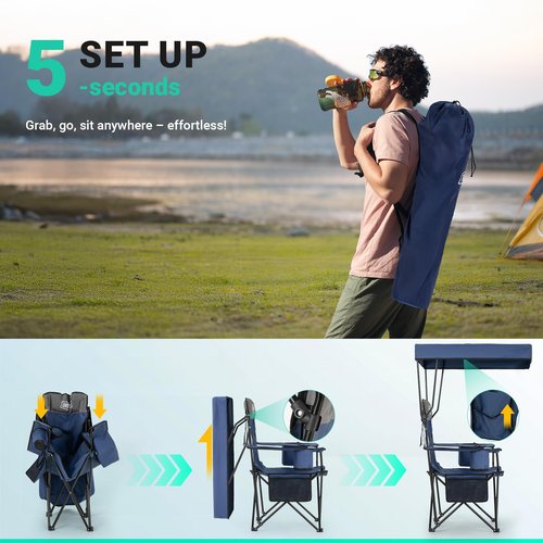 Overmont Beach Chair with Canopy Shade and Cooler - Support 330lbs Oversized Folding Camping Chair with Umbrella- Cup Holder - Cool Bag - Lounge Chair for Sand Travel Outdoor Pool Sports Blue