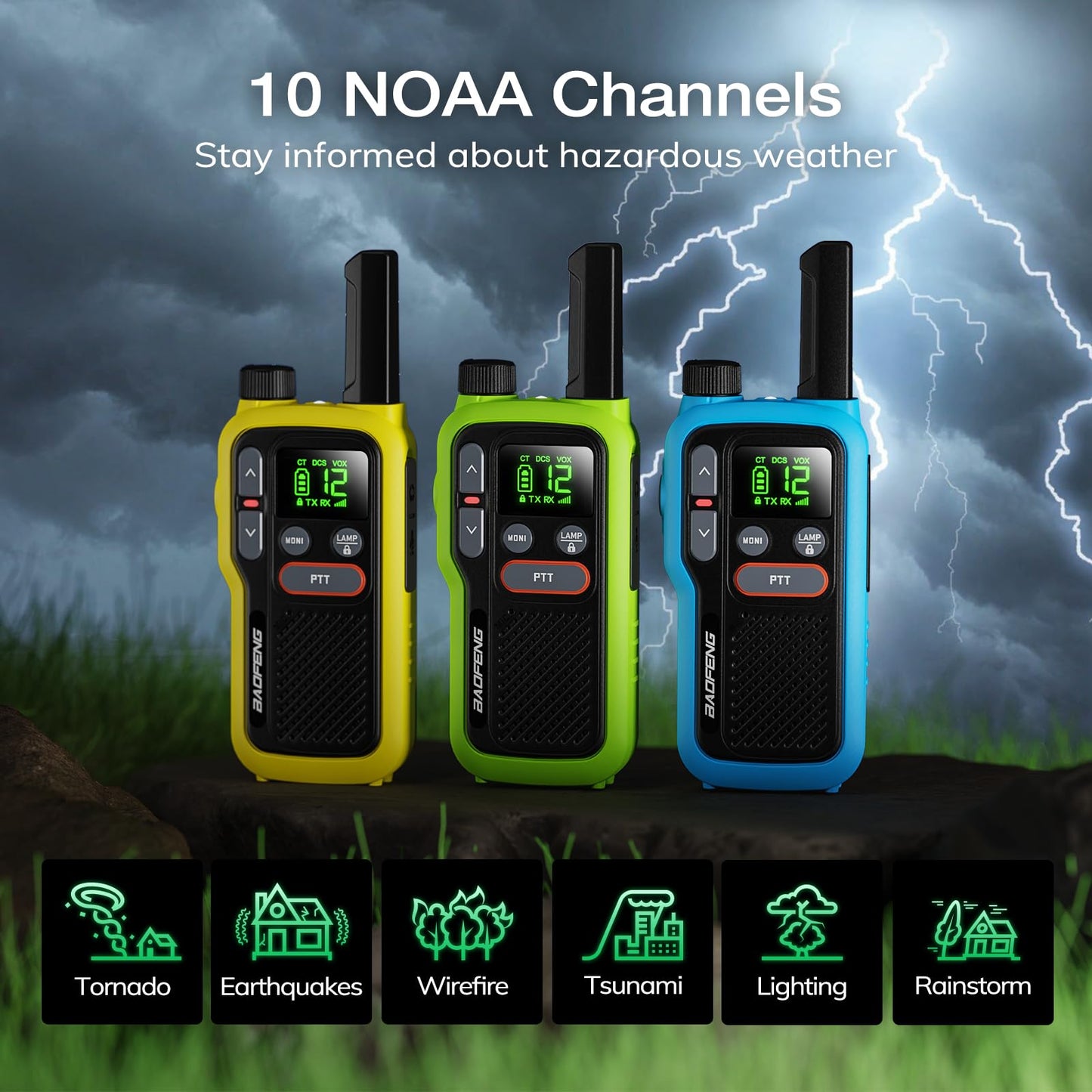BAOFENG GT-18 Walkie Talkies for Kids Adult, License Free Long Range Rechargeable FRS Two Way Radio,1500mAh USB-C Battery, 22 Channels with NOAA for Camping Hiking Family, 3 Pack (Yellow, Green, Blue)