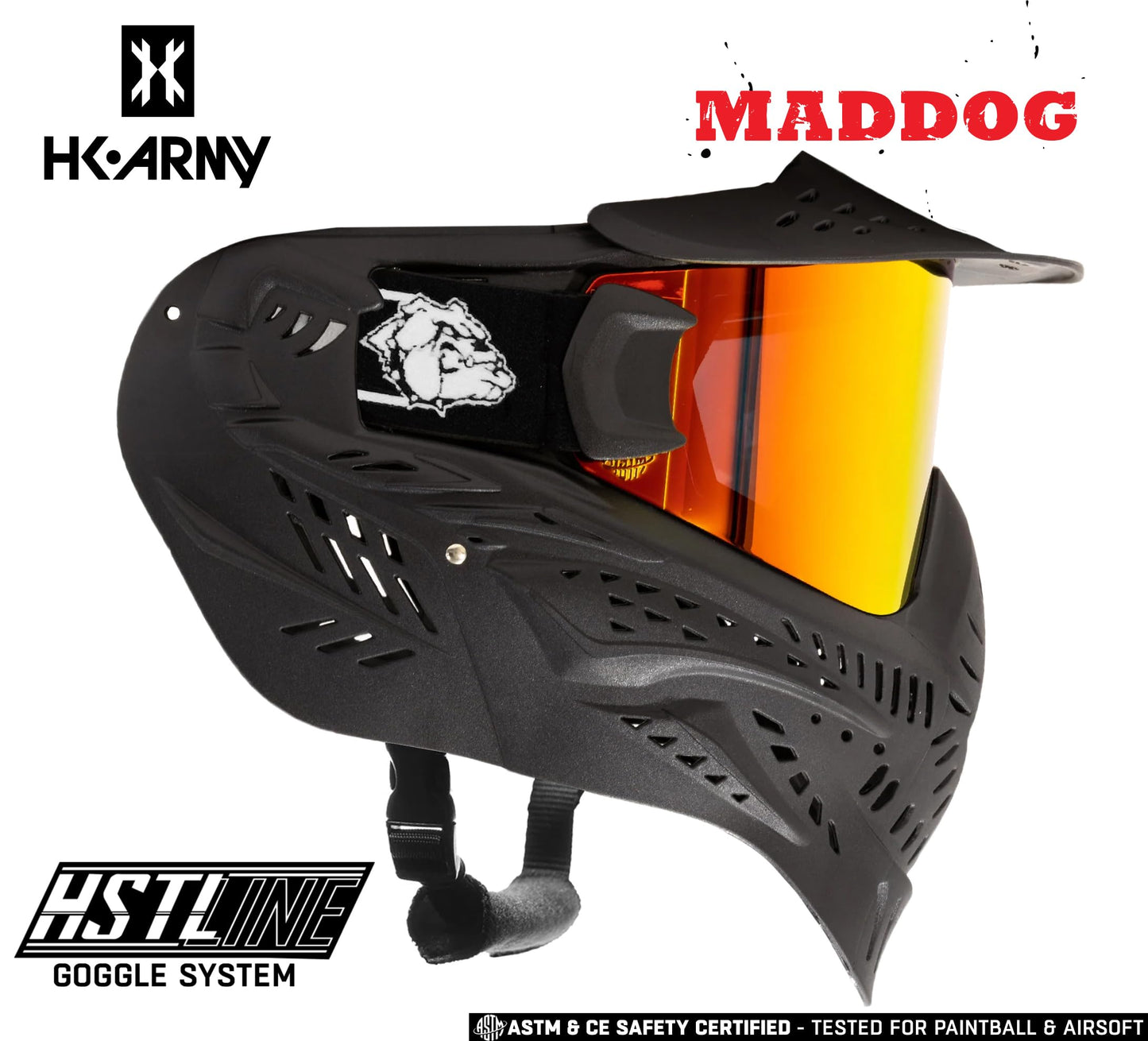 Maddog HK Army HSTL Paintball Airsoft Mask Goggle System | Replaceable Thermal Dual-Pane Anti Fog Lens | Adjustable Full-Face Safety Certified Protection - Black with Fire Lens