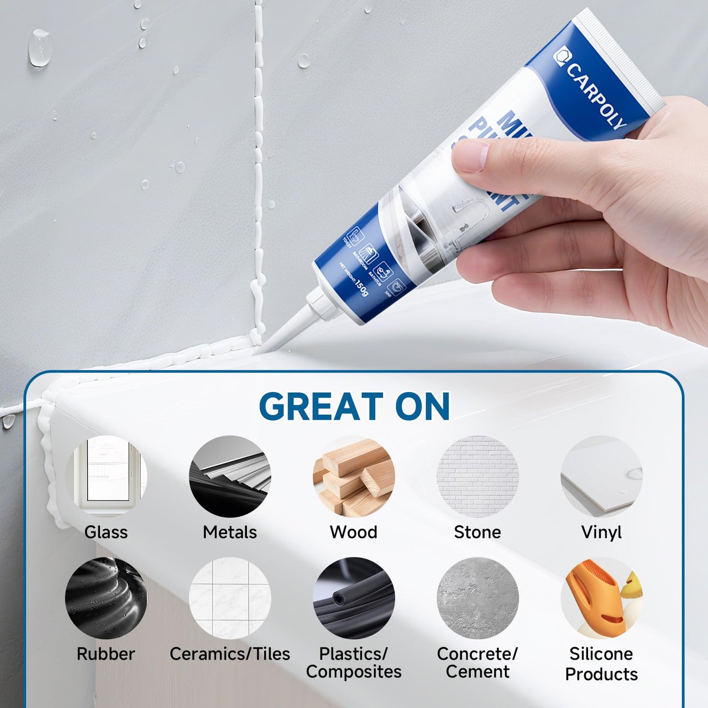 CARPOLY Silicone Caulk for Kitchen & Bathroom, Waterproof White Caulk for Sink, Toilets, Windows, Doors, Strong Adhesion, Shrink & Crack Proof,Long-Lasting(White, 5.29oz)