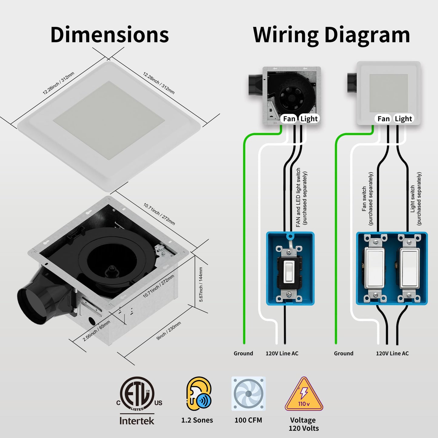 ZAGO Bathroom Exhaust Fan with LED Light: 100 CFM 1.2 Sones Quiet Powerful Ceiling Vent Fans Lamp combo for Quick Shower Steam Removal and Consistently Fresh Air Ventilation Ideal for Household Bath