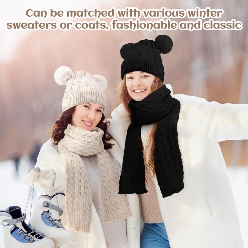 Suhine 8 Pcs Hat Scarf Ear Muff and Gloves Snowboarding Set for Women Winter Knit Beanie Pompom Hat Warm Touch Screen Gloves for Women Men Adult