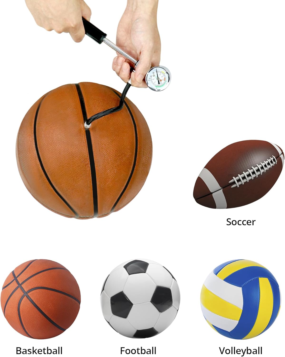 QWORK Sports Ball Air Pump - Powerful Hand Pump with Pressure Gauge for Basketball, Volleyball & Soccer | Black