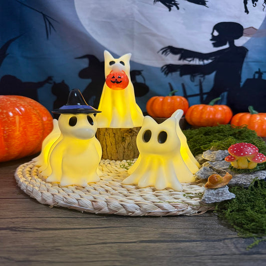 Cute Halloween Decorations Indoor, Ghost Dogs and Ghost Cat Halloween Decor with Witch Hat for Home Kitchen Mantel Tabletop Decor
