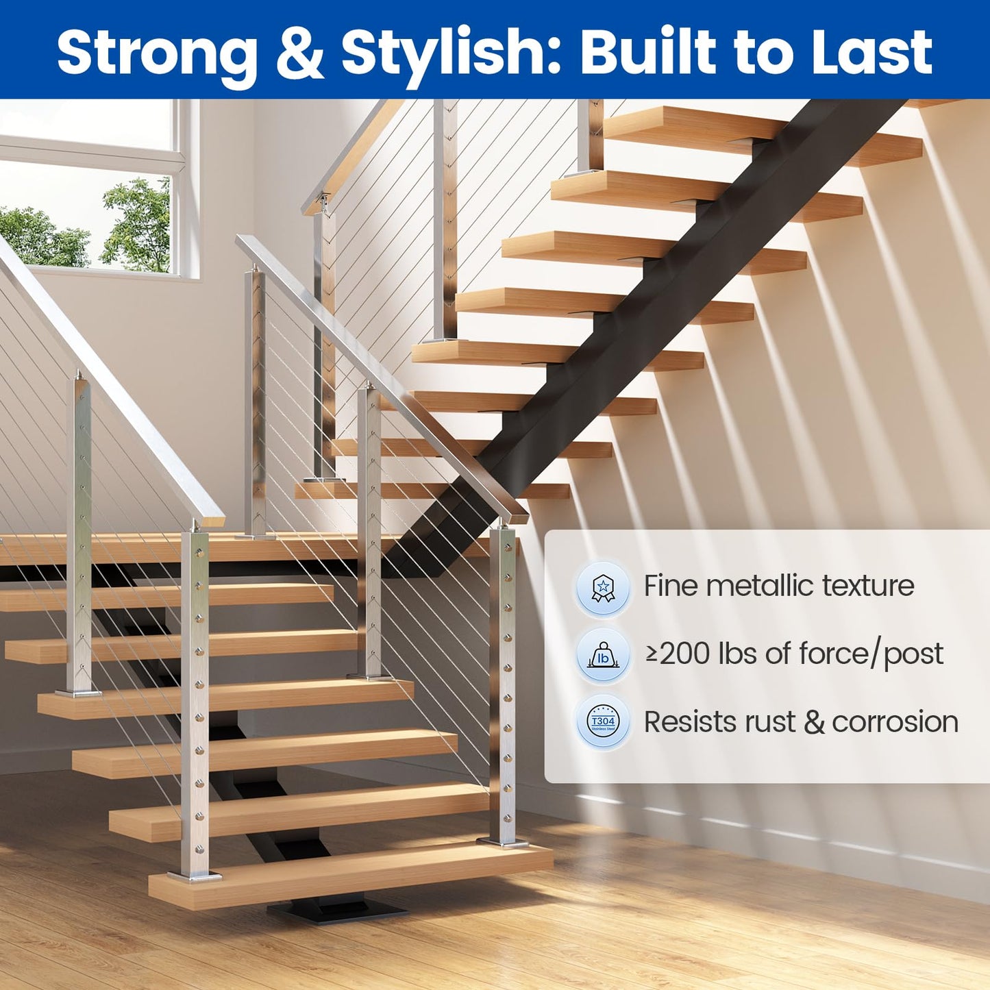 Muzata Stair Cable Railing Post 36 Inch for 25-35 Degrees Stair 36"x2"x2" Surface Mount Brushed T304 Stainless Steel Cable Railing System Kit Indoor Outdoor with Paper User Guide PS01 LA4S