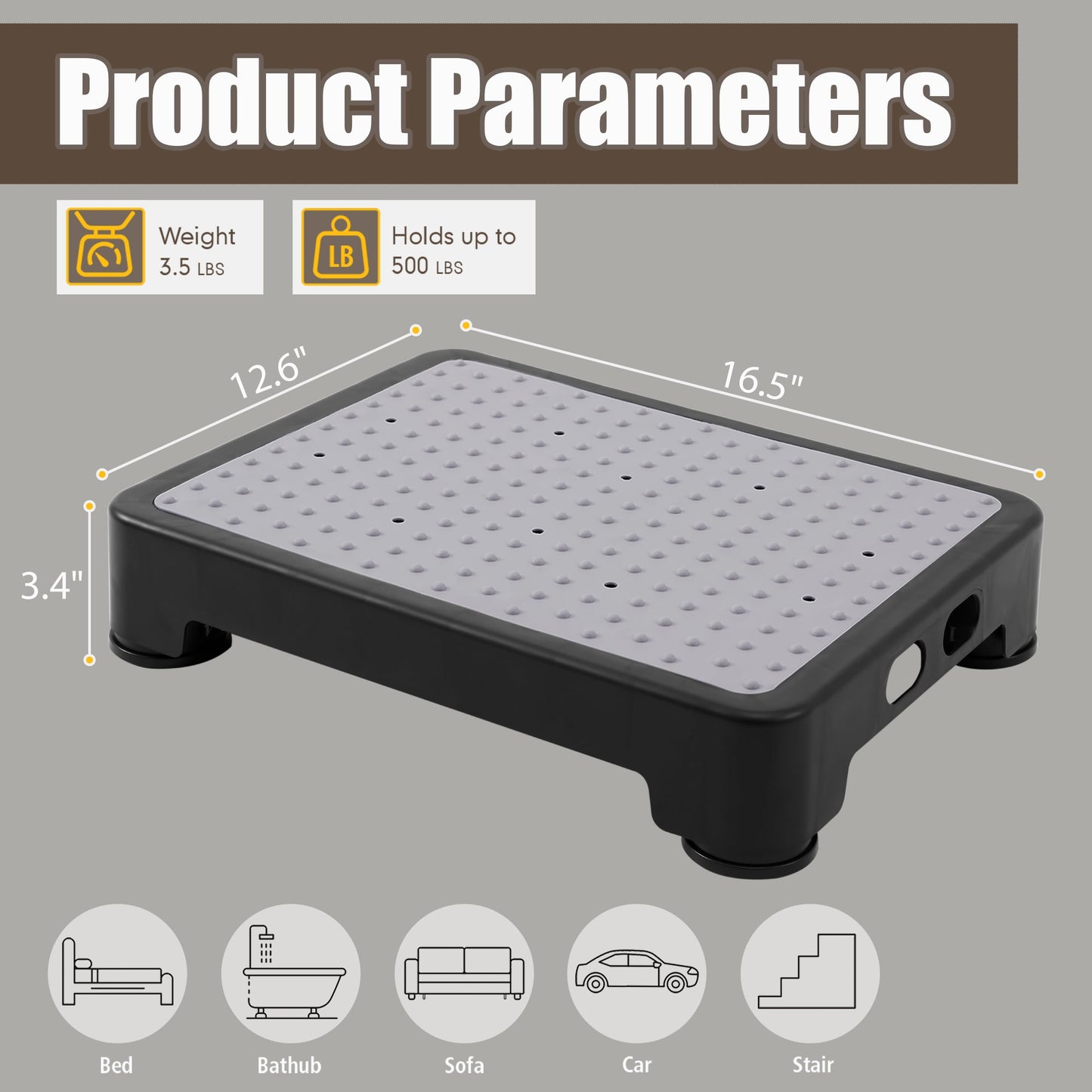 CHIKILLA Step Stool for Adults Kids and Seniors, Non-Slip Step Platform Indoor and Outdoor for Pregnant Woman, Portable Stair Assist for Kitchen Office Bedroom Car Bedside and Shower, Black-Gray 3.4In