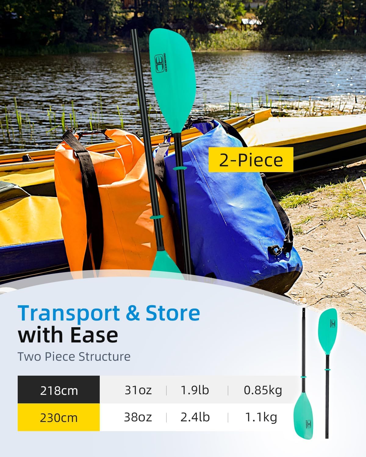 OCEANBROAD Kayak Paddle - 86in/218cm & 90.5in/230cm Floatable Alloy Shaft Oar for Kayaking & Canoeing