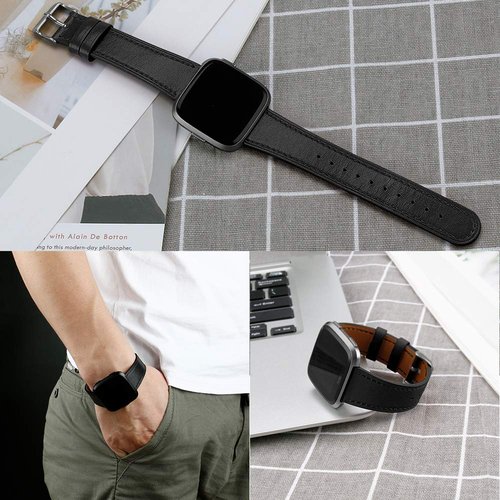 POHNUI 3 Pack Leather Bands Compatible With Fitbit Versa 2/Lite/SE for Women Men, Adjustable Soft Leather Replacement Strap Wristband for Smart Watch