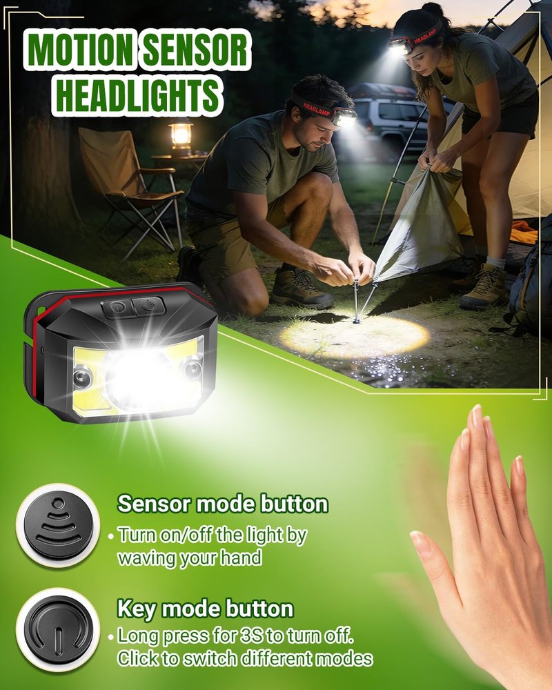 2 Pack Headlamp - Super Bright Rechargeable Flashlight, Fathers Day Fishing Gear Headlights 8 Modes with USB-C Fast Charge, IPX4 Waterproof Motion for Camping Essentials Hiking Home Emergency