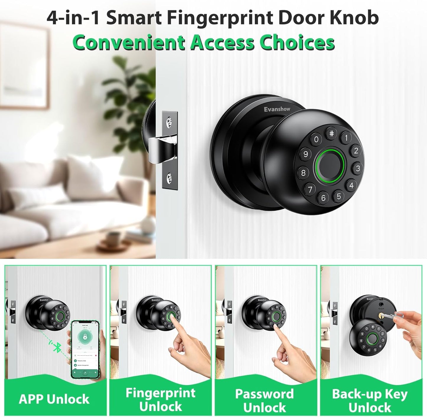 Fingerprint Door Lock - 4-in-1 Keyless Entry Biometric Smart Knob for Home & Office