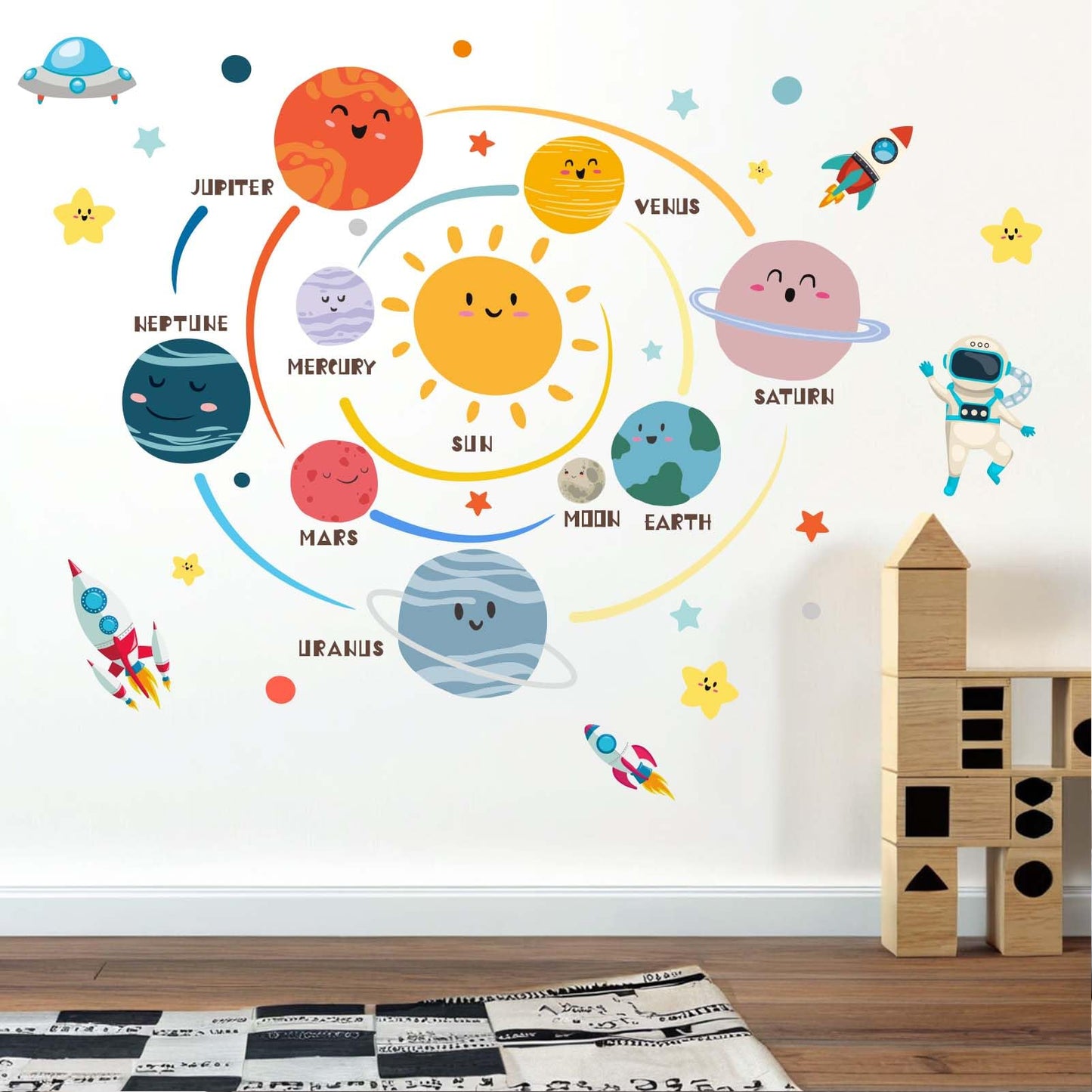 Amimagen Outer Space Planets Wall Decals - Astronaut Rocket Boys Wall Stickers - Baby Nursery Kids Room Daycare Playroom Wall Decor