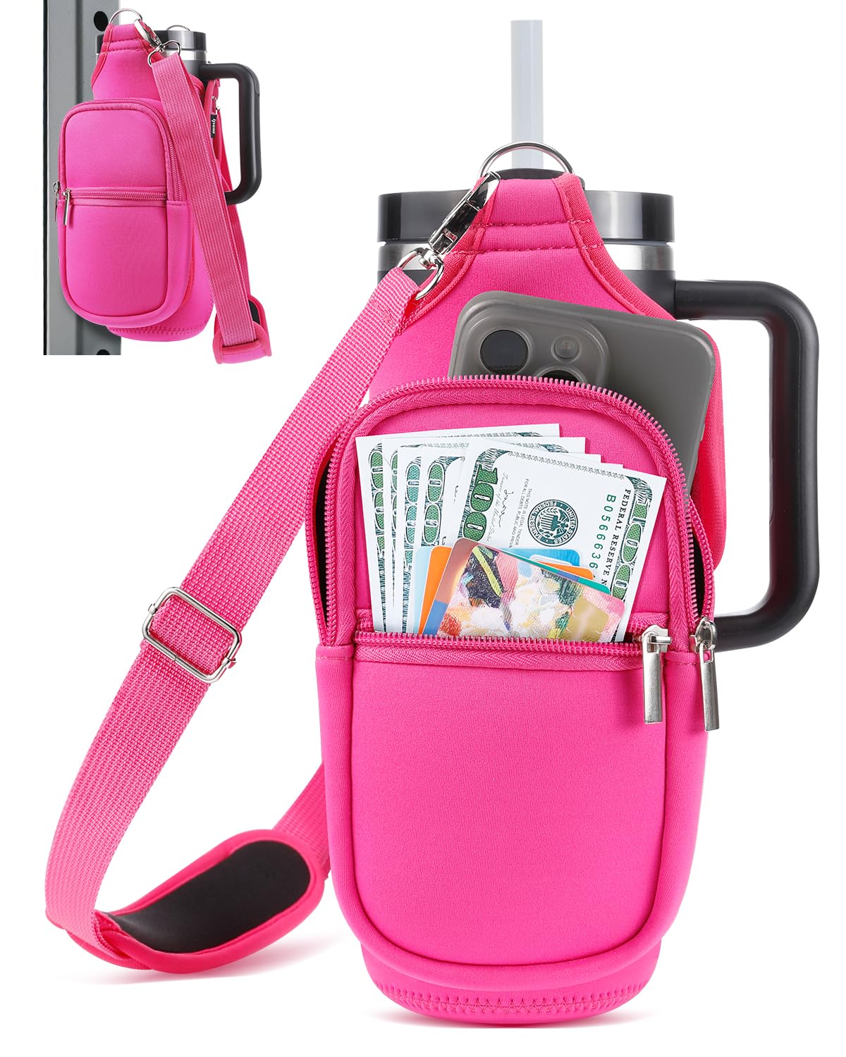 IPOW Magnetic Gym Bag Water Bottle Carrier Holder with Phone Pockets & Shoulder Strap for Men Women,Water Bottle Holder, Gym Pouch, Crossbody Bag for Travel, Sports, Work, Fitness - Rose Pink