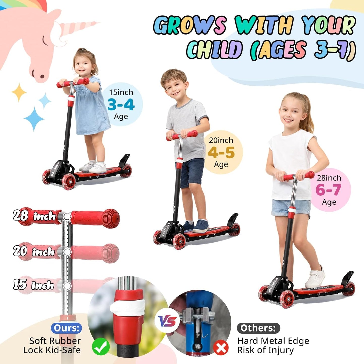 Skiennix Kick Scooter for Kids | Light-Up 3-Wheel Design with Adjustable Height & Stable Ride for Ages 3-7
