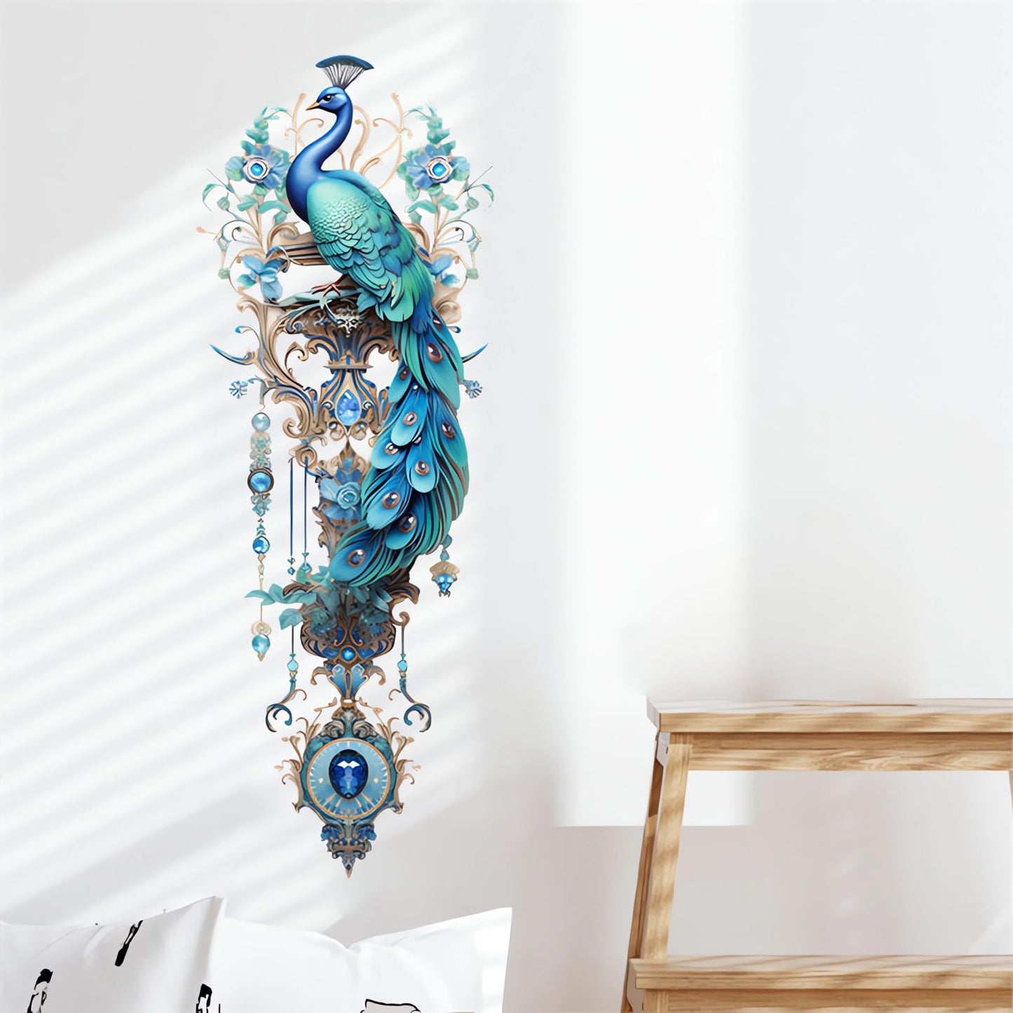 sacinora Gorgeous Blue Peacock Painted Wall Stickers, Peacock Pendant Art Wall Decals Removable Vinyl Peel and Stick for Living Room Bedroom Sofa TV Background Home Decorations