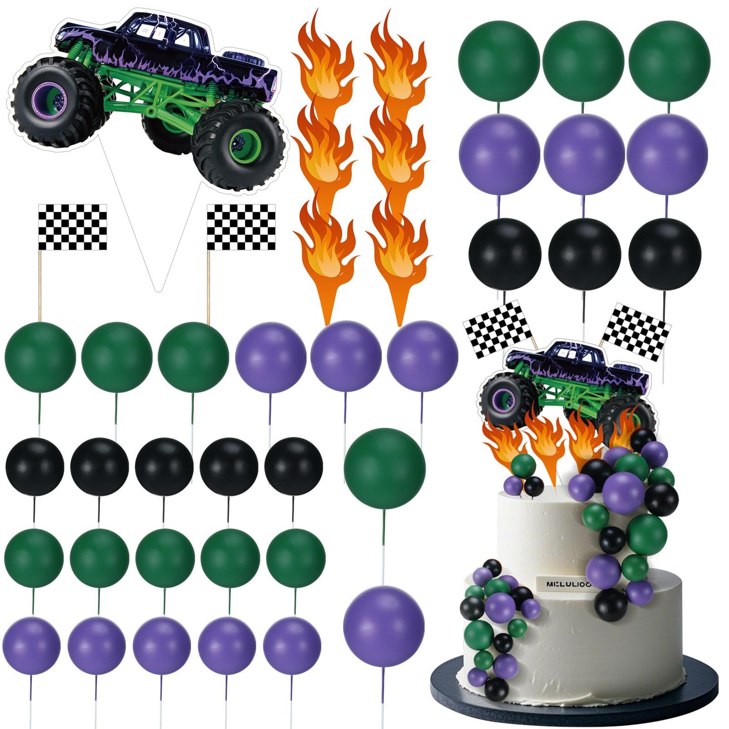 WinnerWhy 49 Pcs Monster Truck Car Cake Toppers Birthday Party Supplies Mini Balloons Cake Topper Sticks for Birthday Party Supplies, Boys' Theme Decoration