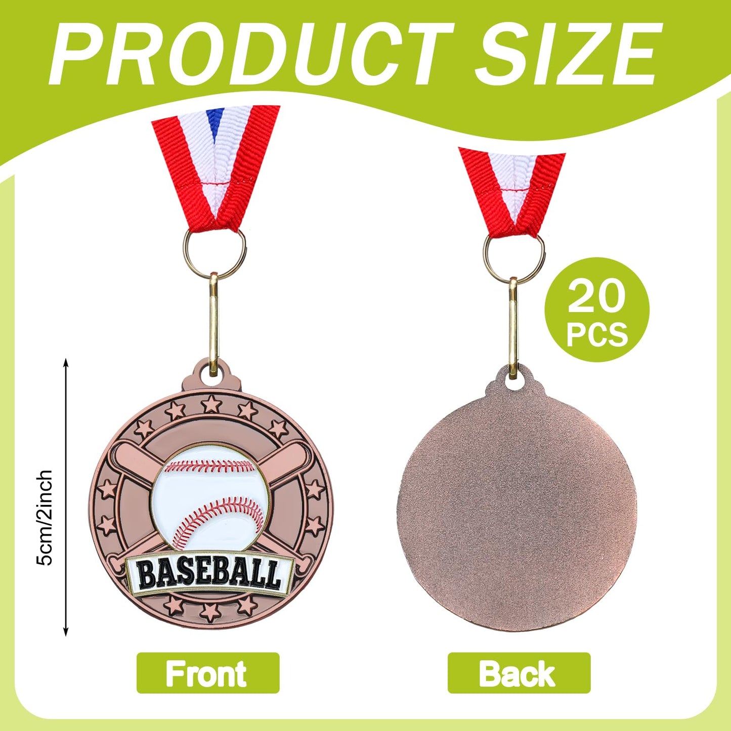 Remuuly 20 Packs Bronze Medals Bulk, 2'' Award Medals Team Participation Trophies with Red White and Blue Striped Ribbon for Competitions Celebration Prizes Gift Sports Party Favor (Baseball)