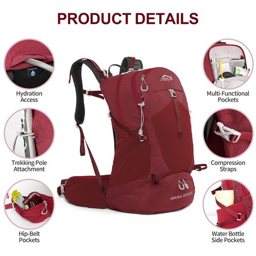 IX INOXTO Hiking Backpack, 26L/40L Waterproof Hiking Daypack with 3L Water Bladder and Rain Cover, Lightweight Travel Camping Backpack for Men Women (Red)