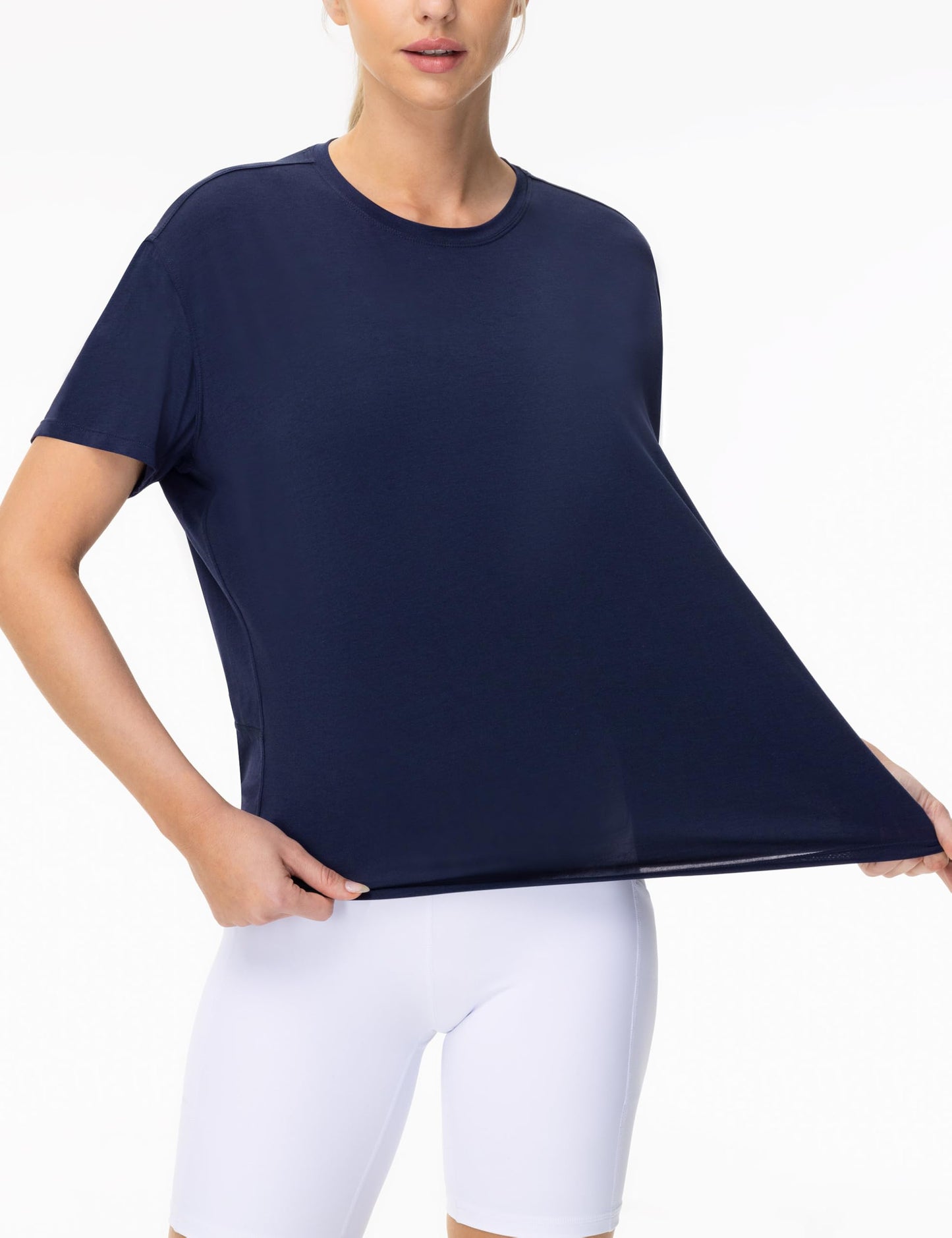 THE GYM PEOPLE Women's Short Sleeve Workout T-Shirts Back Loose Fit Running Yoga Tee Tops Navy Blue