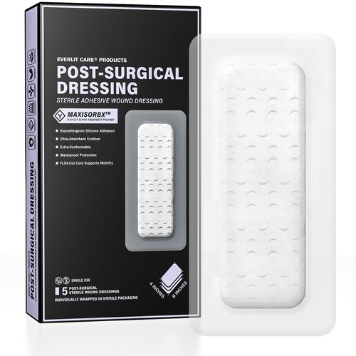 EVERLIT Post-Surgical Dressing | Sterile Waterproof Adhesive Dressing for Post-Operative Wound Care | Hypoallergenic Silicone Coated Bandage for Surgical Incision Pack of 5 (4" x 8")