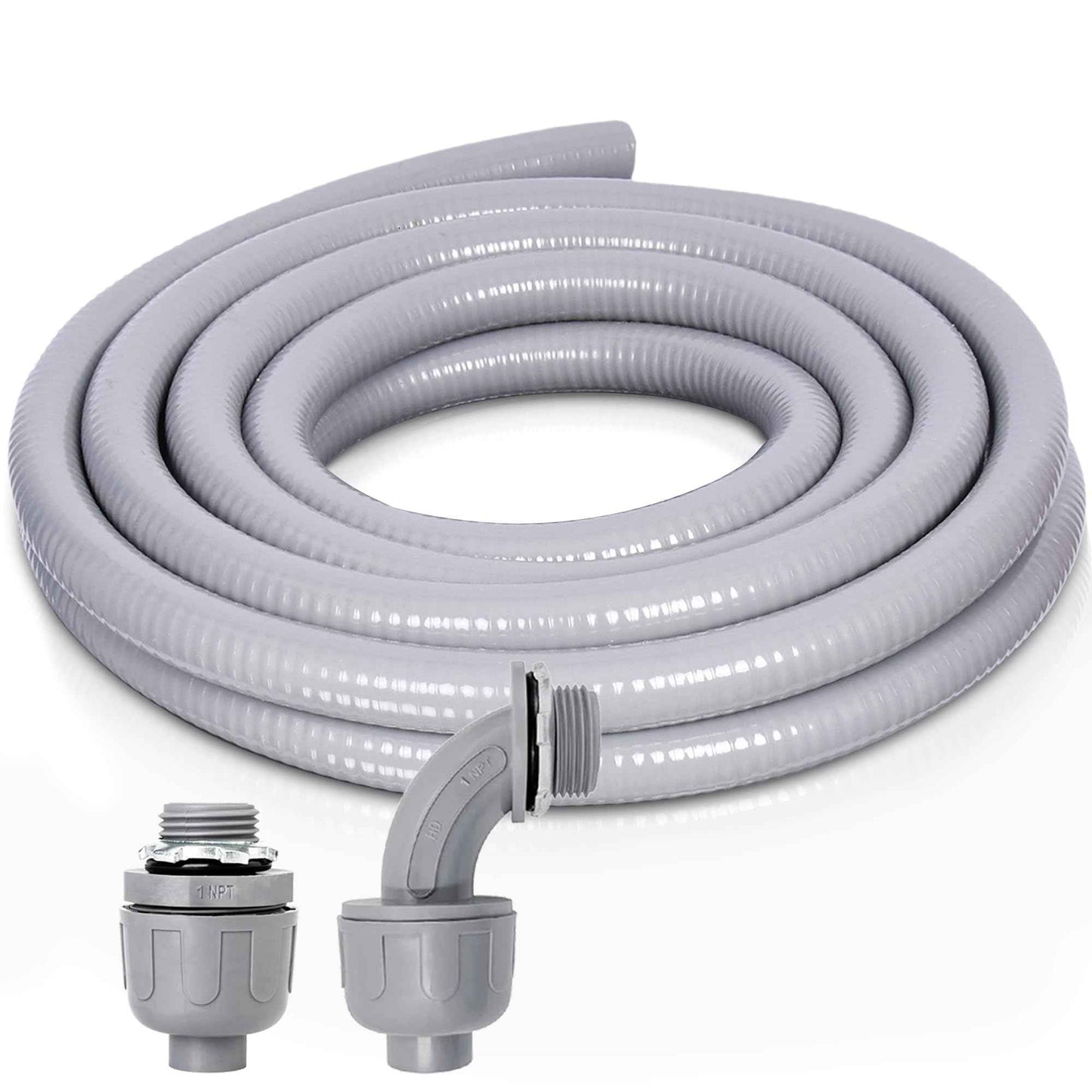 Feotech 1 Inch 5 FT Non Metallic Liquid-Tight Conduit and Connector Kit - Includes 1 Straight and 1 Angle Fittings for Electrical Wiring