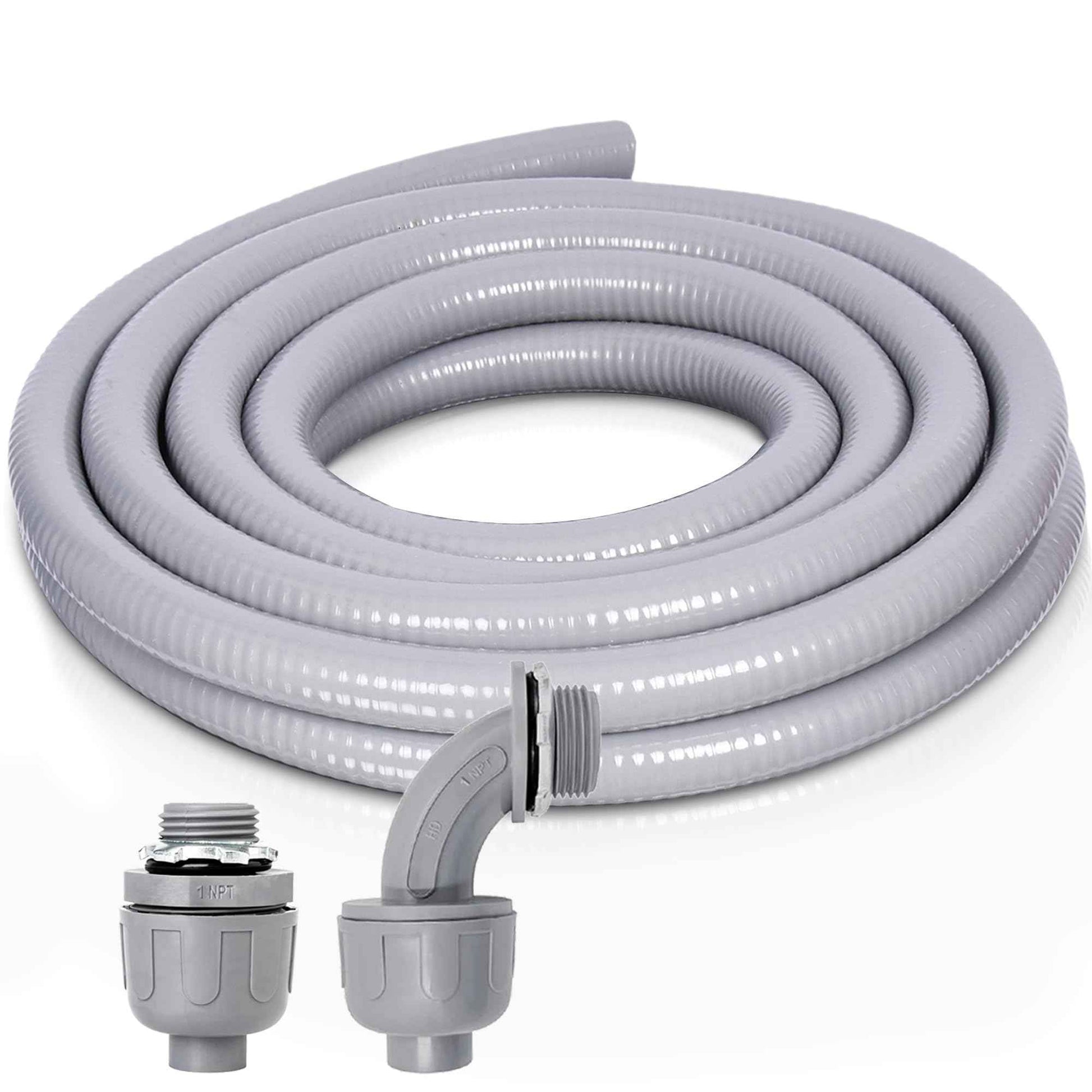 Feotech 1 Inch 5 FT Non Metallic Liquid-Tight Conduit and Connector Kit - Includes 1 Straight and 1 Angle Fittings for Electrical Wiring