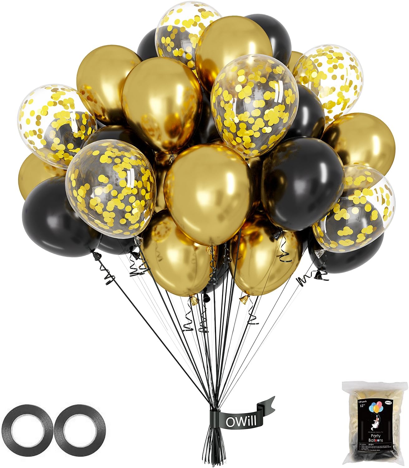 OWill Black and Gold Confetti Balloons - 100pcs 12-Inch Balloons for Birthdays, Weddings & Party Decor