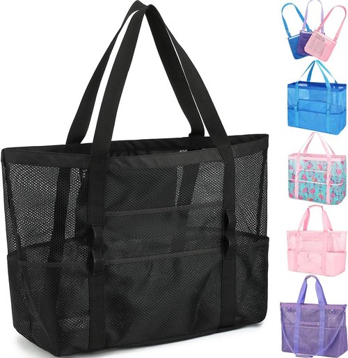 Fammart Large Mesh Beach Bag - Versatile Tote with Zipper Pocket for Family Travel & Pool Essentials
