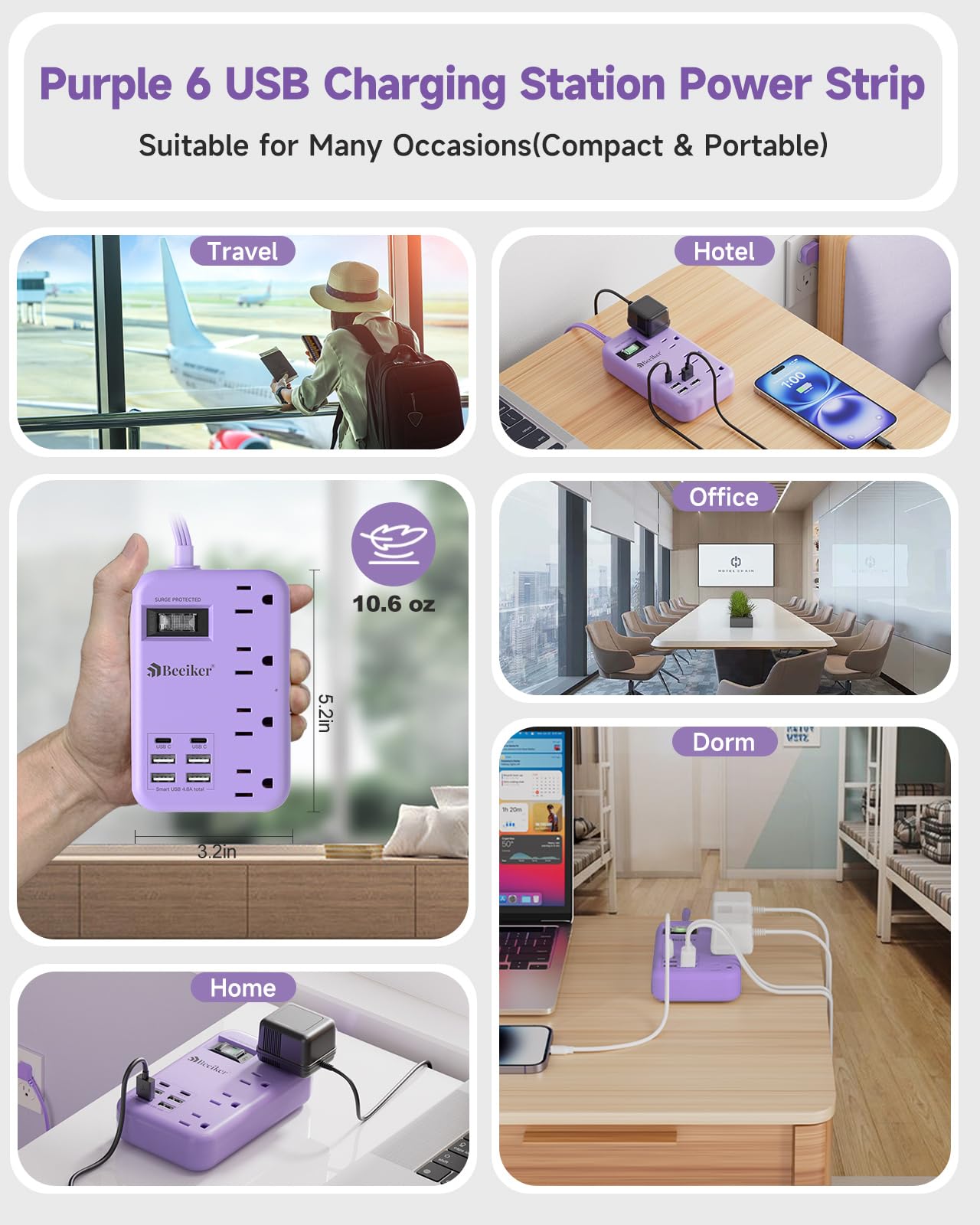 6 USB(2 USB C) Purple Travel Power Strip- 5Ft Lavender Extension Cord with 24W USB Charging Station and 4 Outlets, Purple Desk Accessories with Surge Protector for Cute Kawaii Office Dorm Room