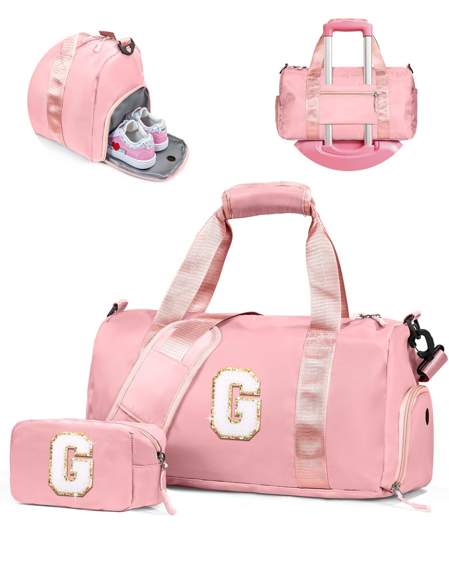 Vogewood Gifts for 4 5 6 7 8 9 10 Year Old Girls-Girl Gym Bag with Shoe Compartment, Kid Personalized Weekender Overnight Bags, Initial Travel Tote with Makeup Pouch, Gift for Daughter (Letter G)