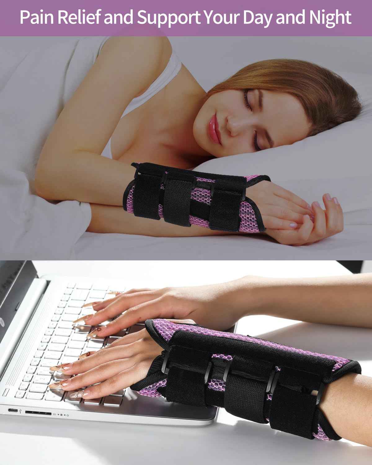 ABYON Carpal Tunnel Wrist Brace Night Support – Wrist Splint for Pain Relief, Tendonitis, Arthritis, Sprains – Lightweight, Breathable Padded Hand Brace for Men & Women,Right Hand (Large, Black/Pink)