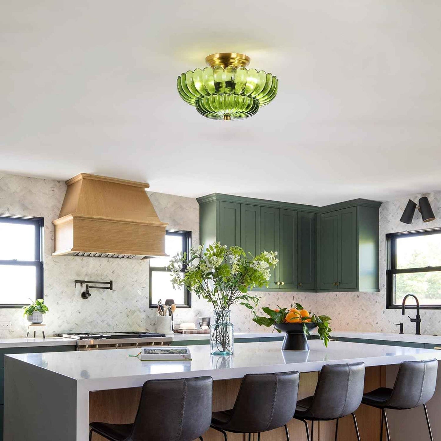 Modern Semi Flush Mount Ceiling Light Fixture with Brown Glass & Black Base - Ideal for Living Room, Kitchen, Bedroom, Hallway (Bulb Not Included)