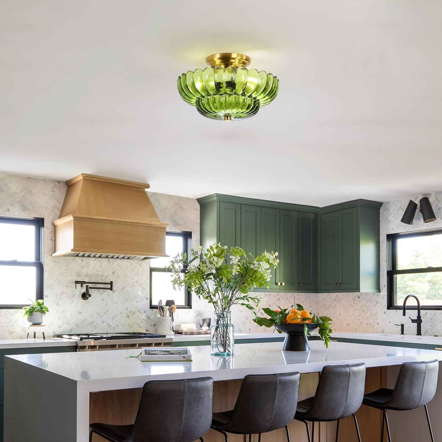 Modern Semi Flush Mount Ceiling Light Fixture with Brown Glass & Black Base - Ideal for Living Room, Kitchen, Bedroom, Hallway (Bulb Not Included)