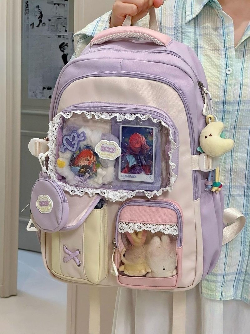 ZQW Kawaii Cute Backpack for Women Y2K Aesthetic Anime ITA Bag with Lace Trim Badges Display Clear Panel Casual Daypack (Blue)