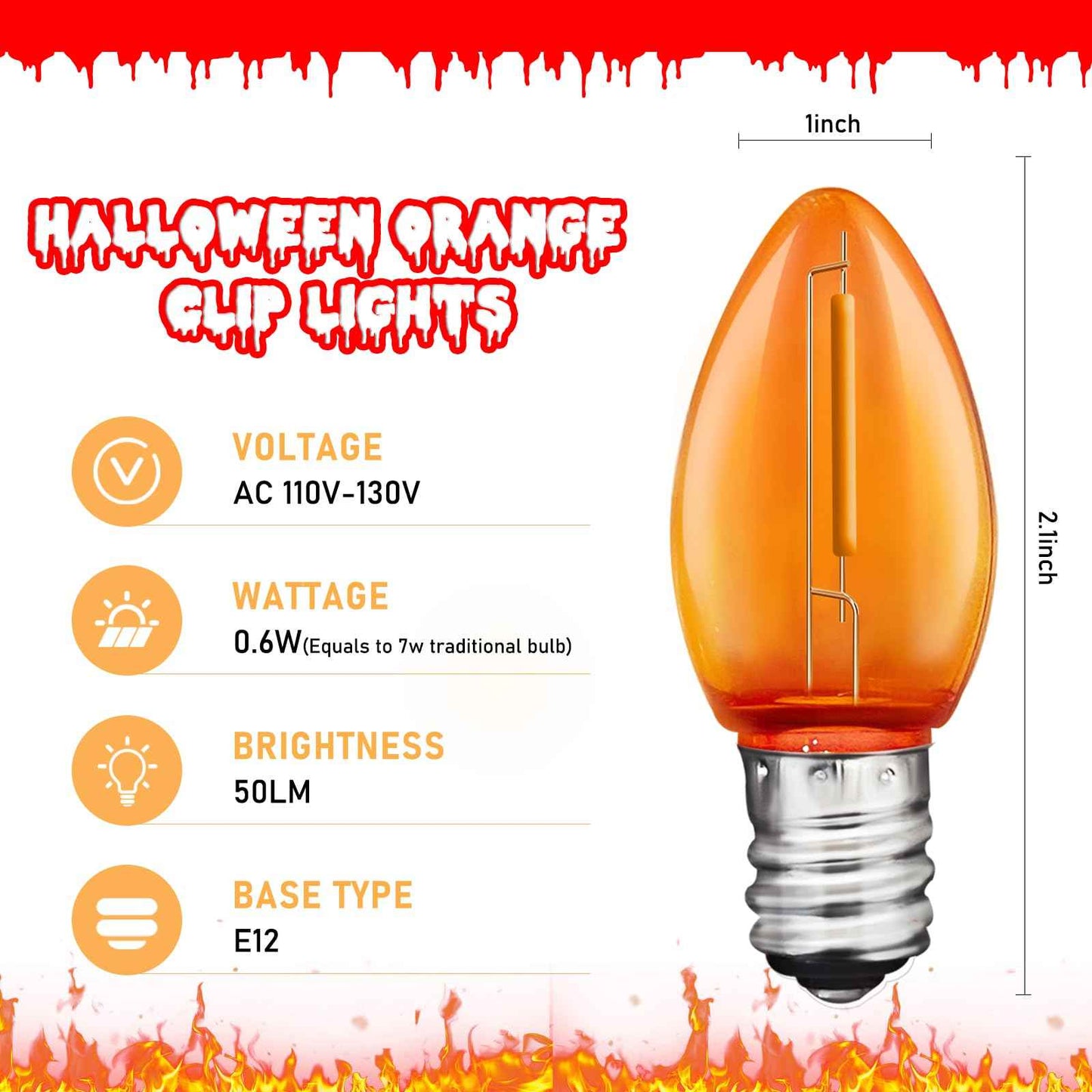 4 Pack Accessory Cord with One LED Orange Light Bulb, 6Ft Black Cord Halloween Night Lights with On/Off Switch Plugs, C7 Clips Indoor String Lights for Halloween Pumpkin Christmas Village House Crafts